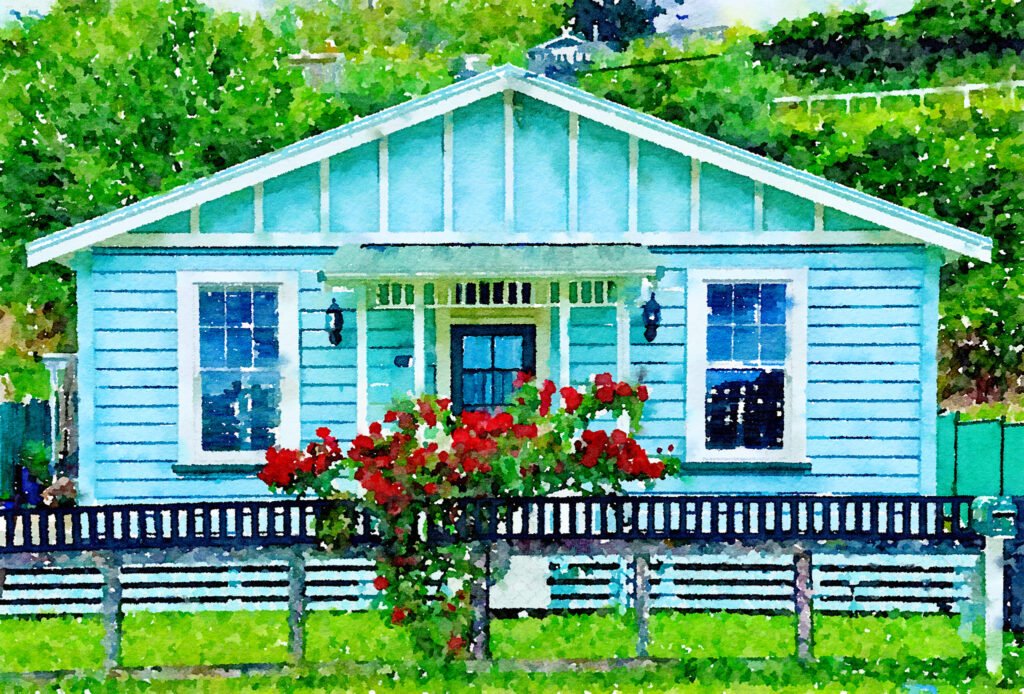 An artists impression of a green cottage with a covered front porch and red roses growing on the front fence