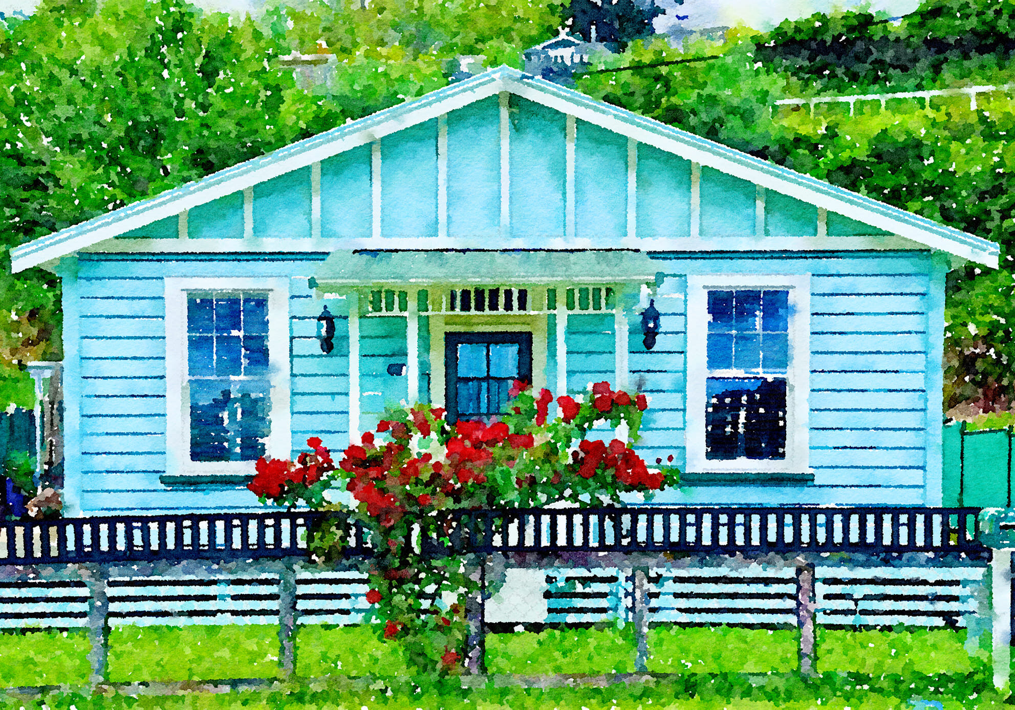 An artists impression of a green cottage with a covered front porch and red roses growing on the front fence